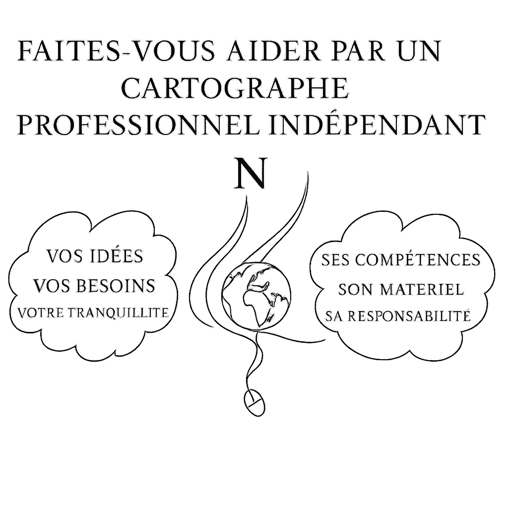 Affiche promotionnelle pour un cartographe indépendant, incluant des éléments graphiques tels qu'une carte du monde et des phrases représentant des valeurs de service, telles que la tranquillité et la responsabilité.